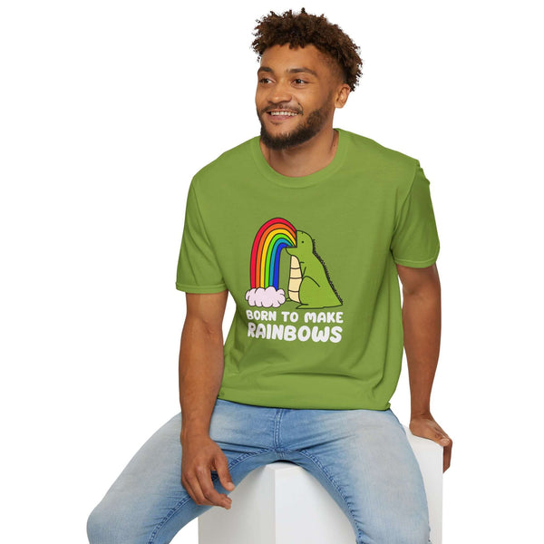 Born to Make Rainbows dinosaur t-shirt in green, featuring a dinosaur with a rainbow, perfect for fun and individuality.