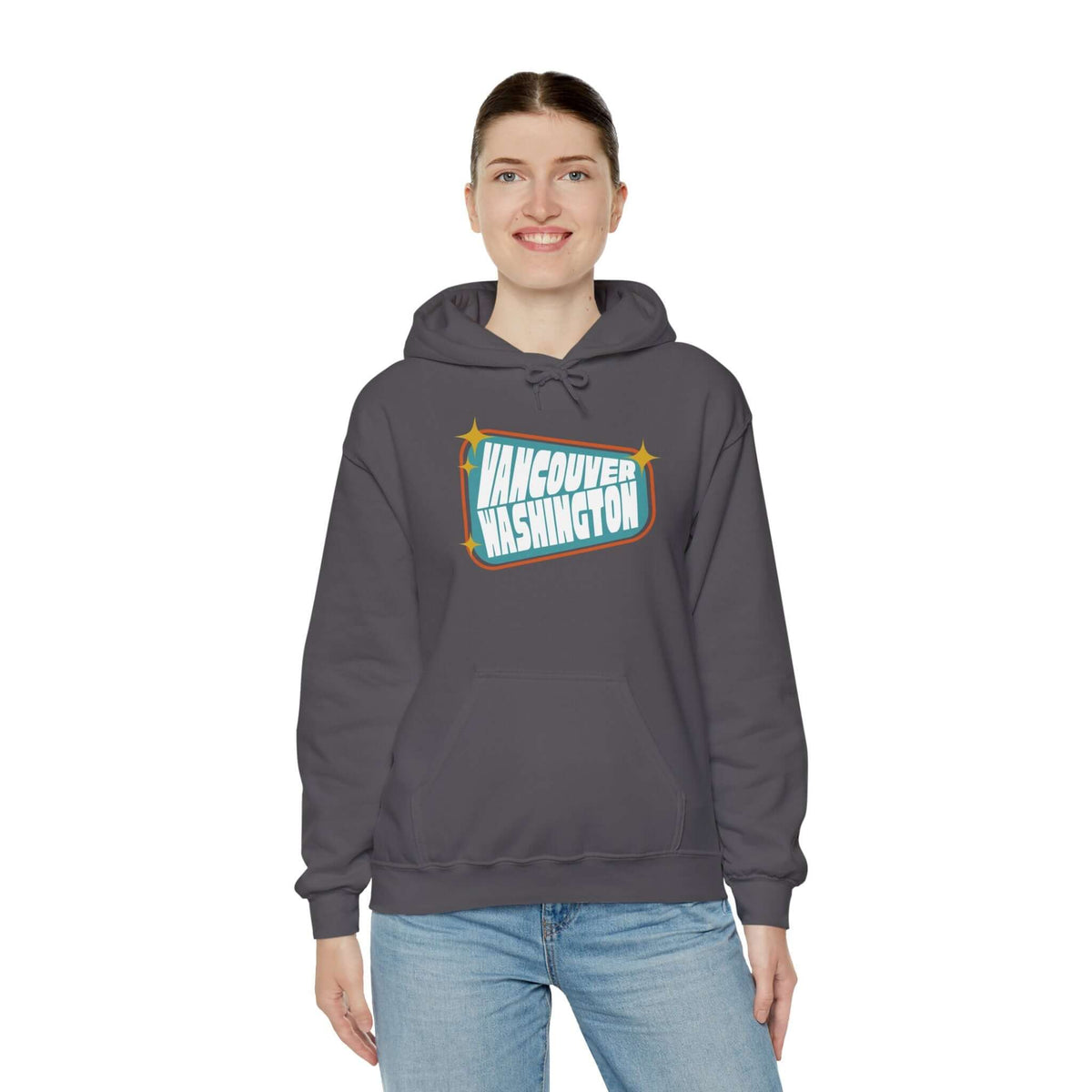 Vintage Vancouver Washington sign hoodie on model, celebrating retro style and mid-century design.
