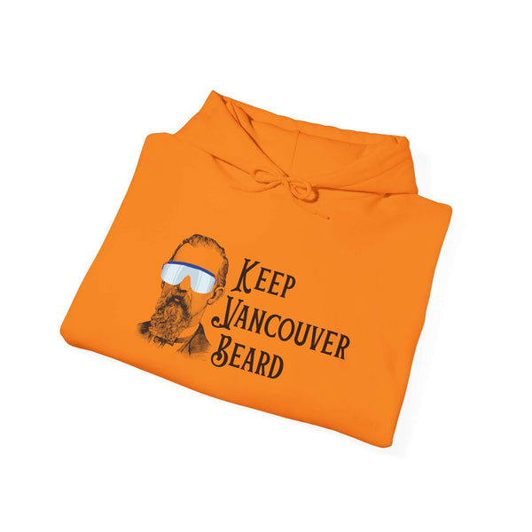 Orange Keep Vancouver Beard hoodie with vintage bearded icon and sunglasses design.