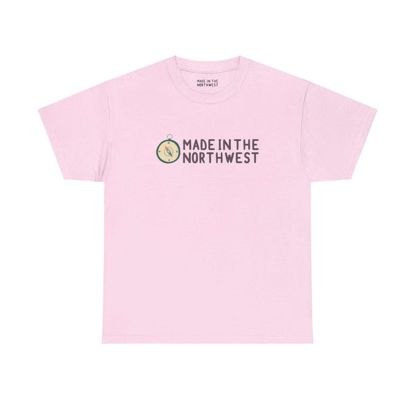 Pink "Made in the Northwest" logo tee with compass design, celebrating Pacific Northwest pride and adventure spirit.