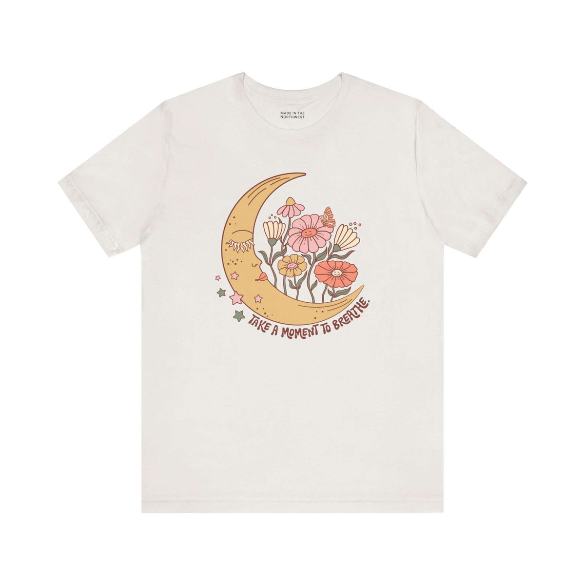 Take a Moment to Breathe T Shirt featuring a crescent moon and delicate wildflowers design.