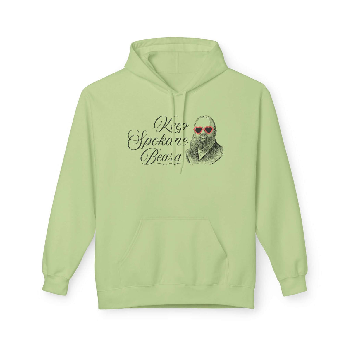 Keep Spokane Beard Hoodie in light green featuring a bearded man with heart-shaped sunglasses.