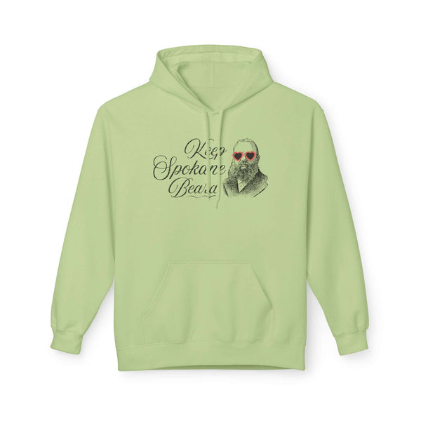 Keep Spokane Beard Hoodie in light green featuring a bearded man with heart-shaped sunglasses.
