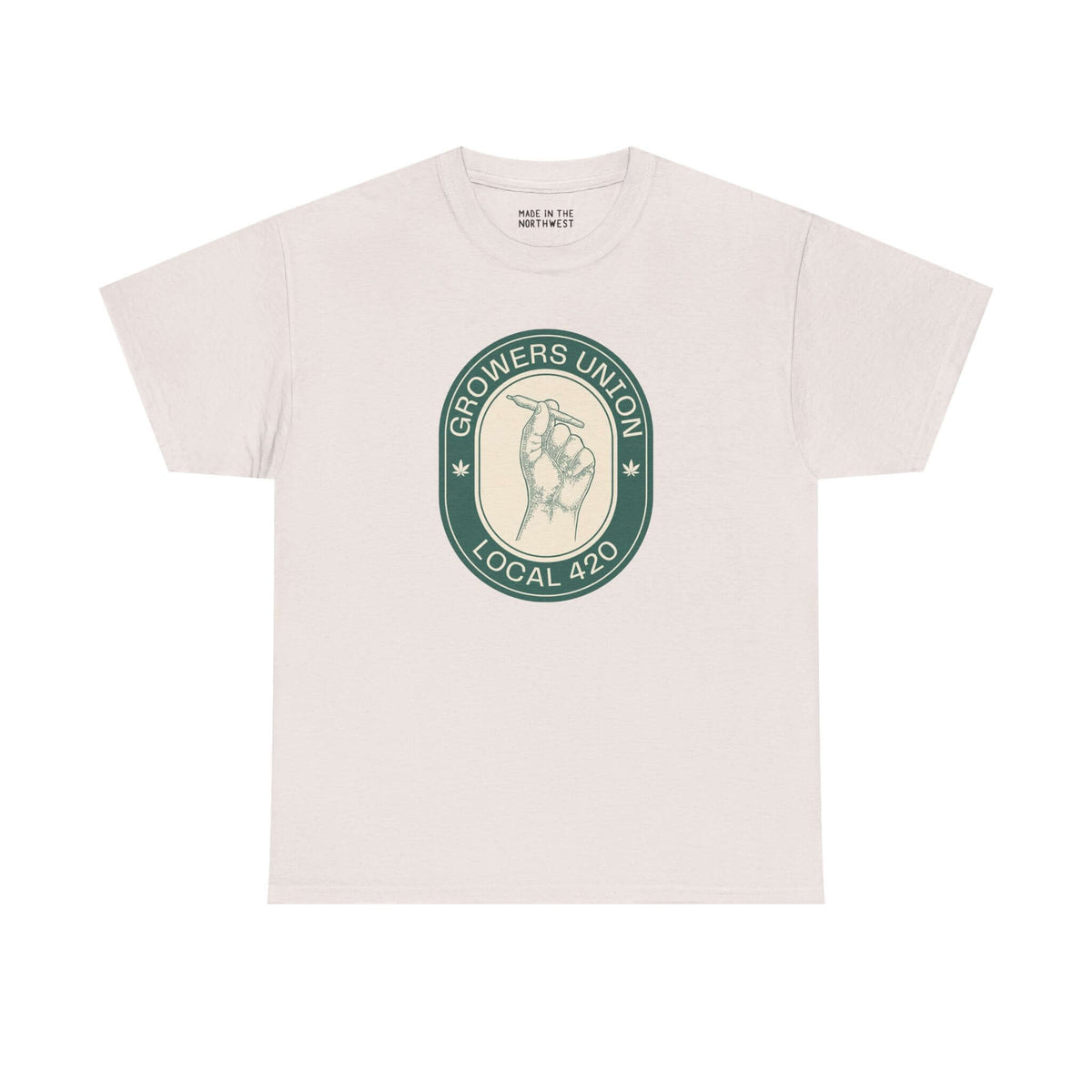 Grower's Union Local 420 athletic tee featuring a hand holding a joint and playful design.