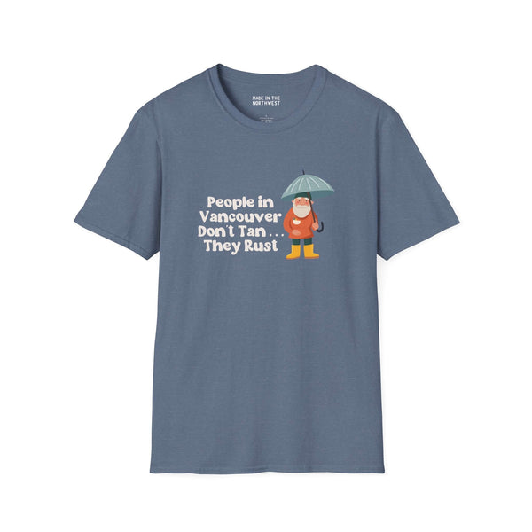 People in Vancouver Don't Tan, They Rust Softstyle T-Shirt featuring a gnome with an umbrella.