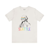 George's Rainbow Vision Seattle tee featuring George Washington in rainbow glasses and colorful 'Seattle' lettering.