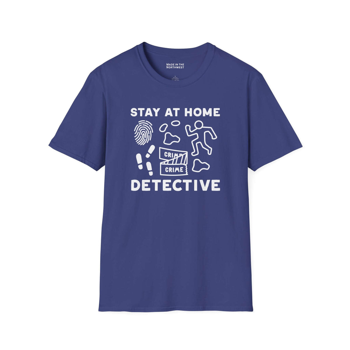Stay at Home Detective T Shirt featuring crime scene graphics and playful design in navy blue color.