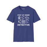 Stay at Home Detective T Shirt featuring crime scene graphics and playful design in navy blue color.