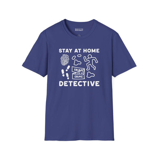 Stay at Home Detective T Shirt featuring crime scene graphics and playful design in navy blue color.