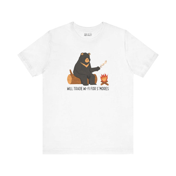 White tee featuring a bear roasting marshmallows with 'Will Trade Wi-Fi for S'mores' design, perfect for outdoor lovers.