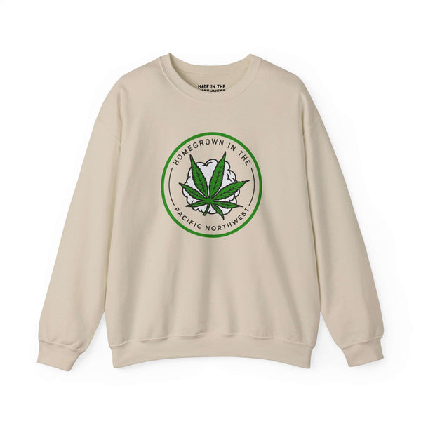 Homegrown Vibes sweatshirt featuring a marijuana leaf design, celebrating Pacific Northwest culture and lifestyle.