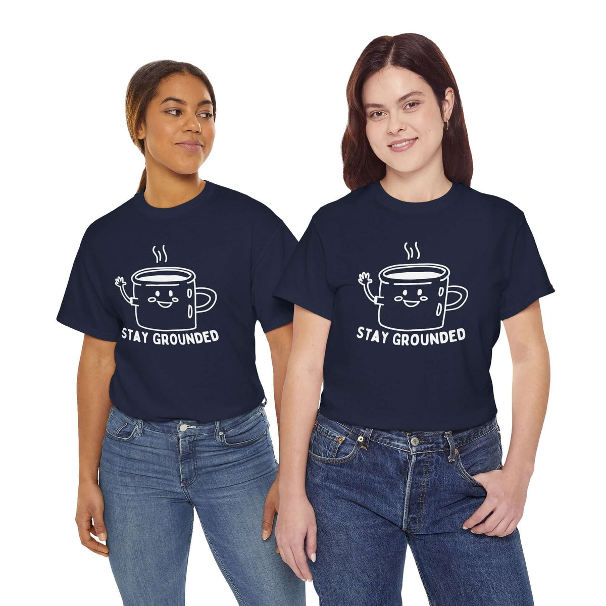 Two women wearing Stay Grounded and Caffeinated athletic tees with an illustrated coffee mug design, perfect for coffee lovers.