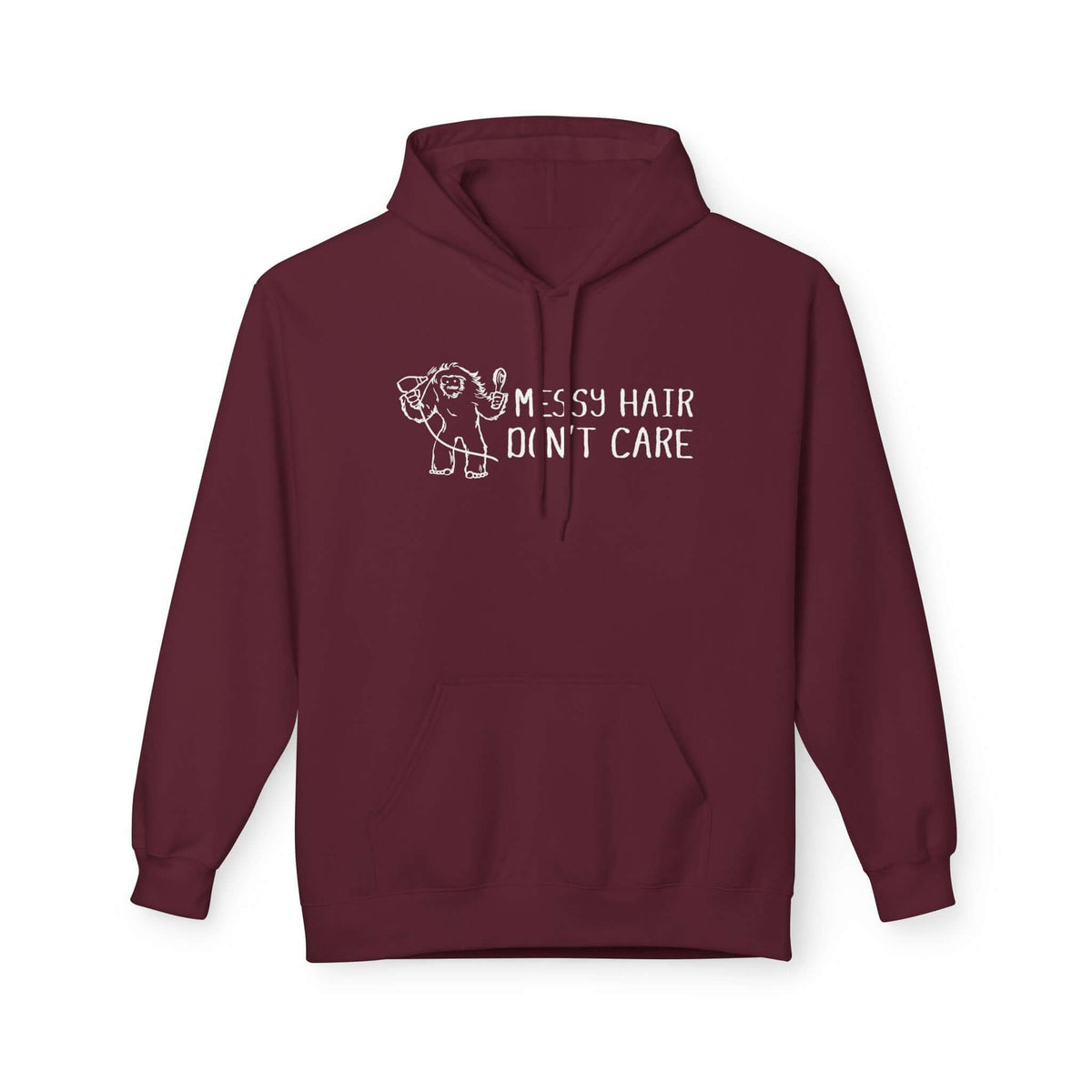 Messy Hair Don't Care Hoodie featuring playful Sasquatch design on a burgundy background.
