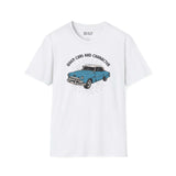 When Cars Had Character Softstyle T-Shirt featuring a vintage blue 52 Chevy Deluxe Coupe design.