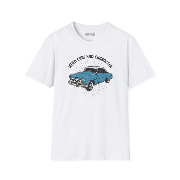 When Cars Had Character Softstyle T-Shirt featuring a vintage blue 52 Chevy Deluxe Coupe design.