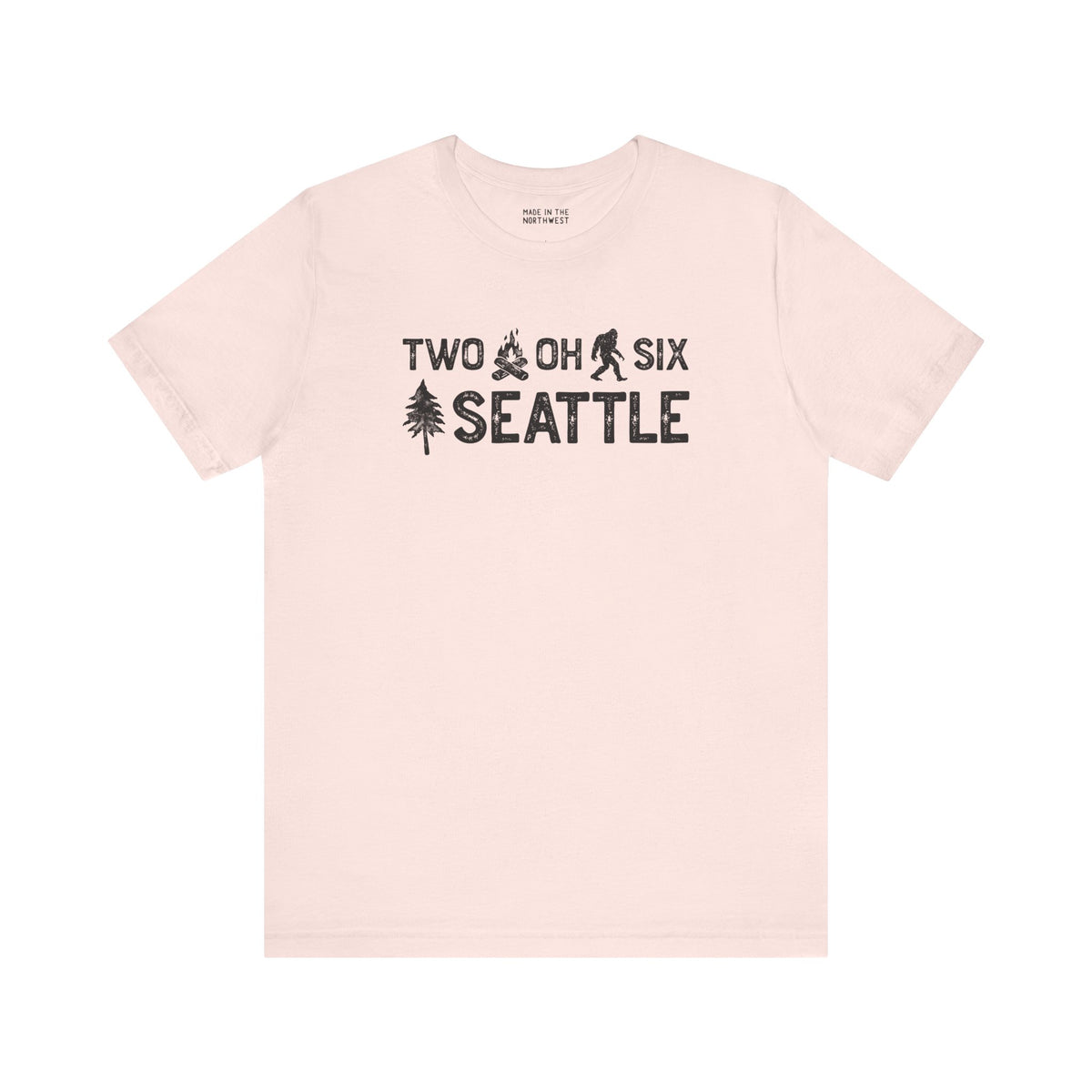 Two Oh Six Roots Premium Soft Tee in light color featuring Seattle area code design with axe and trees.