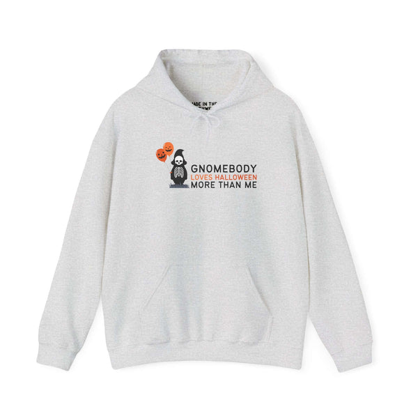 Gnomebody Loves Halloween More Than Me hoodie featuring a skeleton gnome with Halloween balloons.