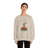 Woman wearing 'Say Hello to My Little Friend' sweatshirt featuring gnome with axe on stump design.