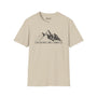 Beige unisex t-shirt featuring "I Like Big Hikes and I Cannot Lie" design with mountain graphics.