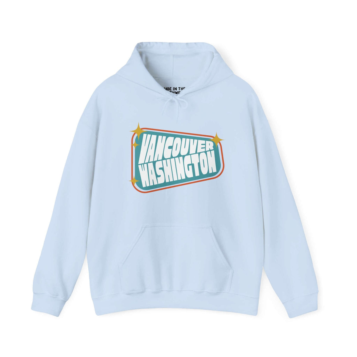 Retro Vancouver Washington sign hoodie in blue with 50s-inspired design and bold vintage colors.