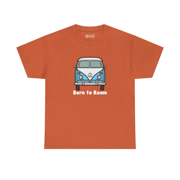 Born to Roam athletic tee featuring a classic blue vanagon bus design on an orange shirt.