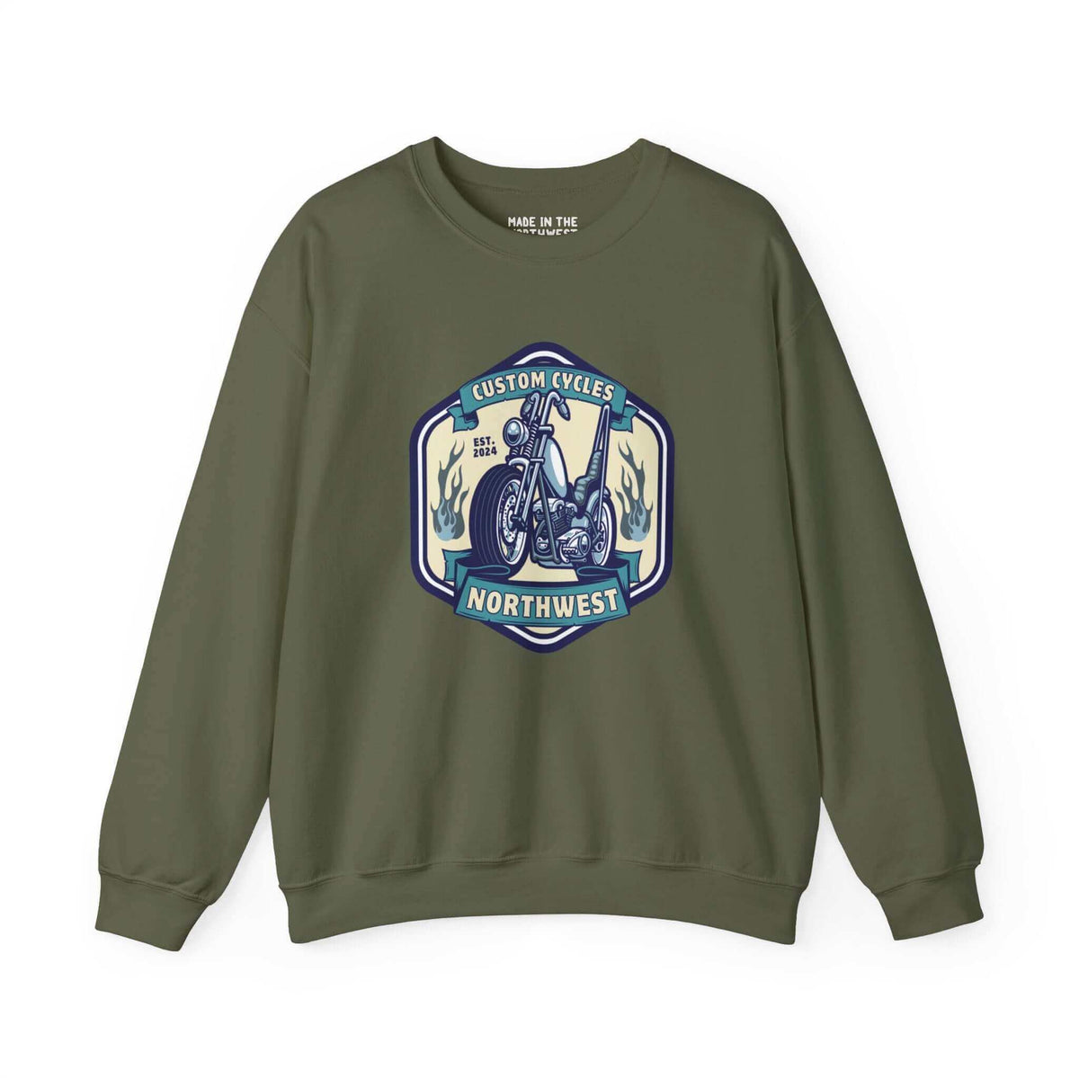 Custom Cycles Northwest sweatshirt featuring a motorcycle graphic on a dark green background, perfect for motorcycle enthusiasts.