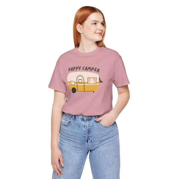Happy Camper Adventure Premium Soft Tee featuring a vintage camper design, perfect for road trips and camping.