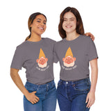 Two women wearing gray How About Gno Premium Soft Tees featuring happy gnome design, perfect for gnome lovers.