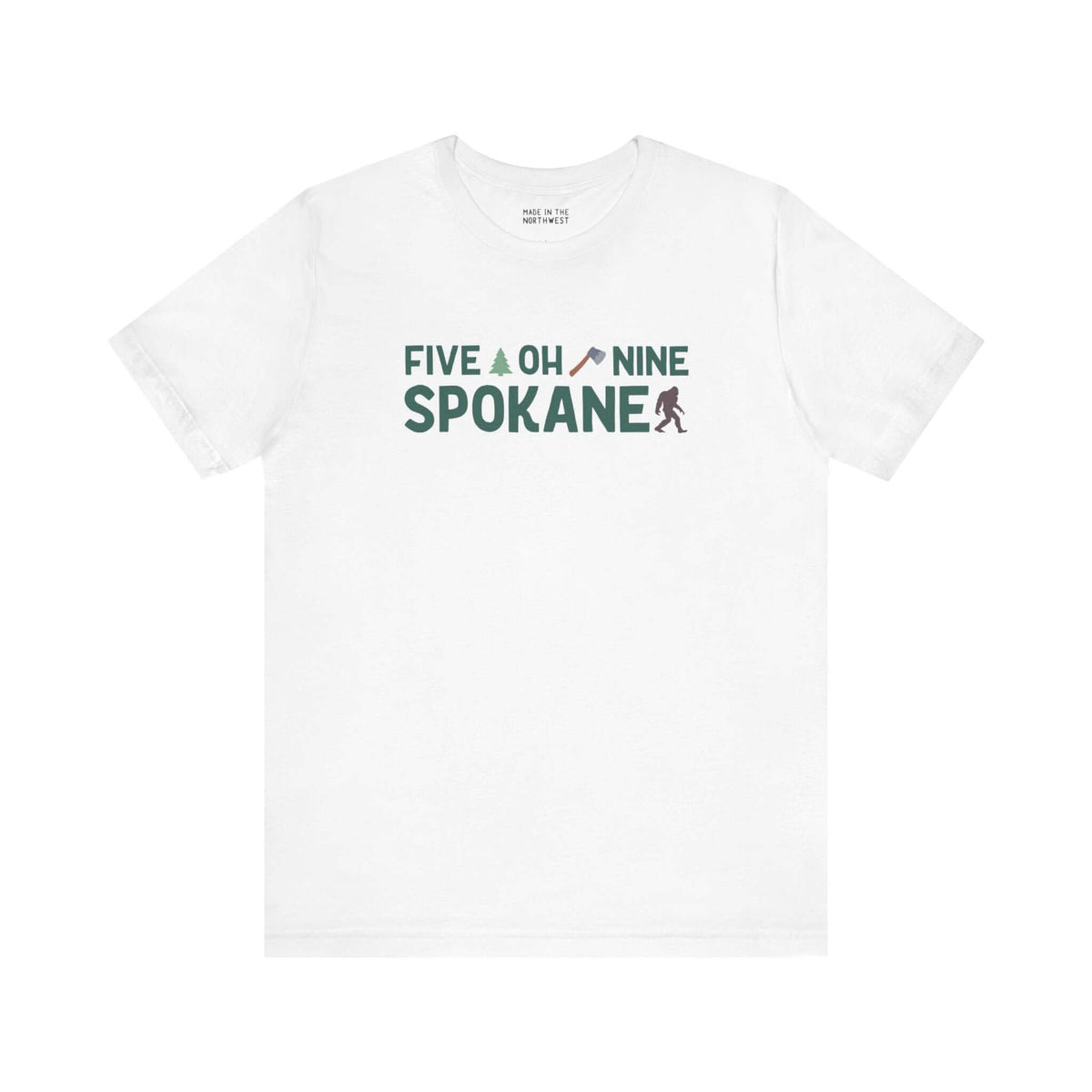 Five Oh Nine Roots Soft Tee with Spokane pride, featuring text and tree axe design on a white shirt.