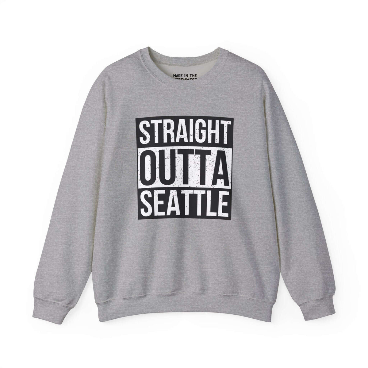 Straight Outta Seattle sweatshirt in gray, featuring bold black and white text, perfect for showing local pride with streetwear style.