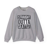 Straight Outta Seattle sweatshirt in gray, featuring bold black and white text, perfect for showing local pride with streetwear style.