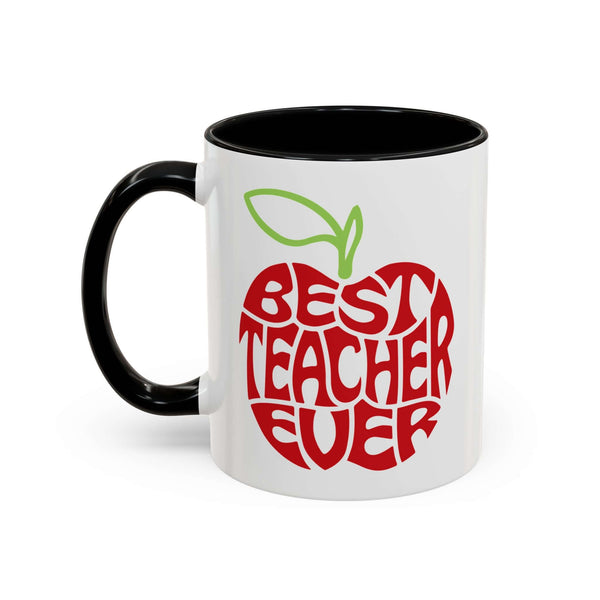 Best Teacher Ever Mug featuring a bold red apple graphic and glossy white body with a black handle.