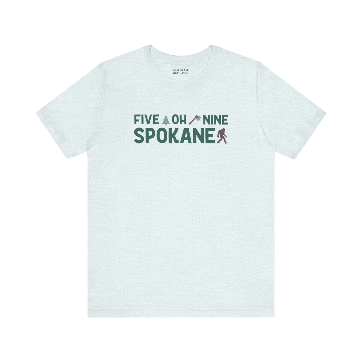 "Five Oh Nine Roots Soft Tee featuring Spokane area code text with axe and tree design, showcasing local pride and style."