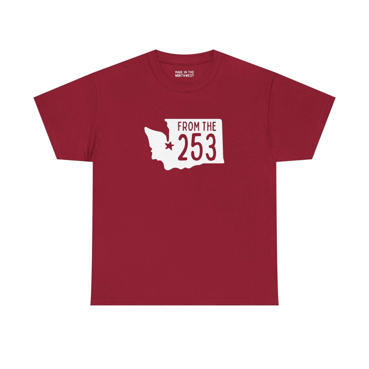 Red Washington state tee shirt featuring 'From the 253' and a star on Tacoma, representing local pride.