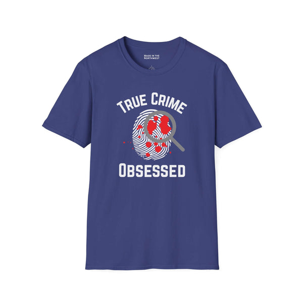 True Crime Obsessed T Shirt with magnifying glass and fingerprint design, featuring blood spatter details.