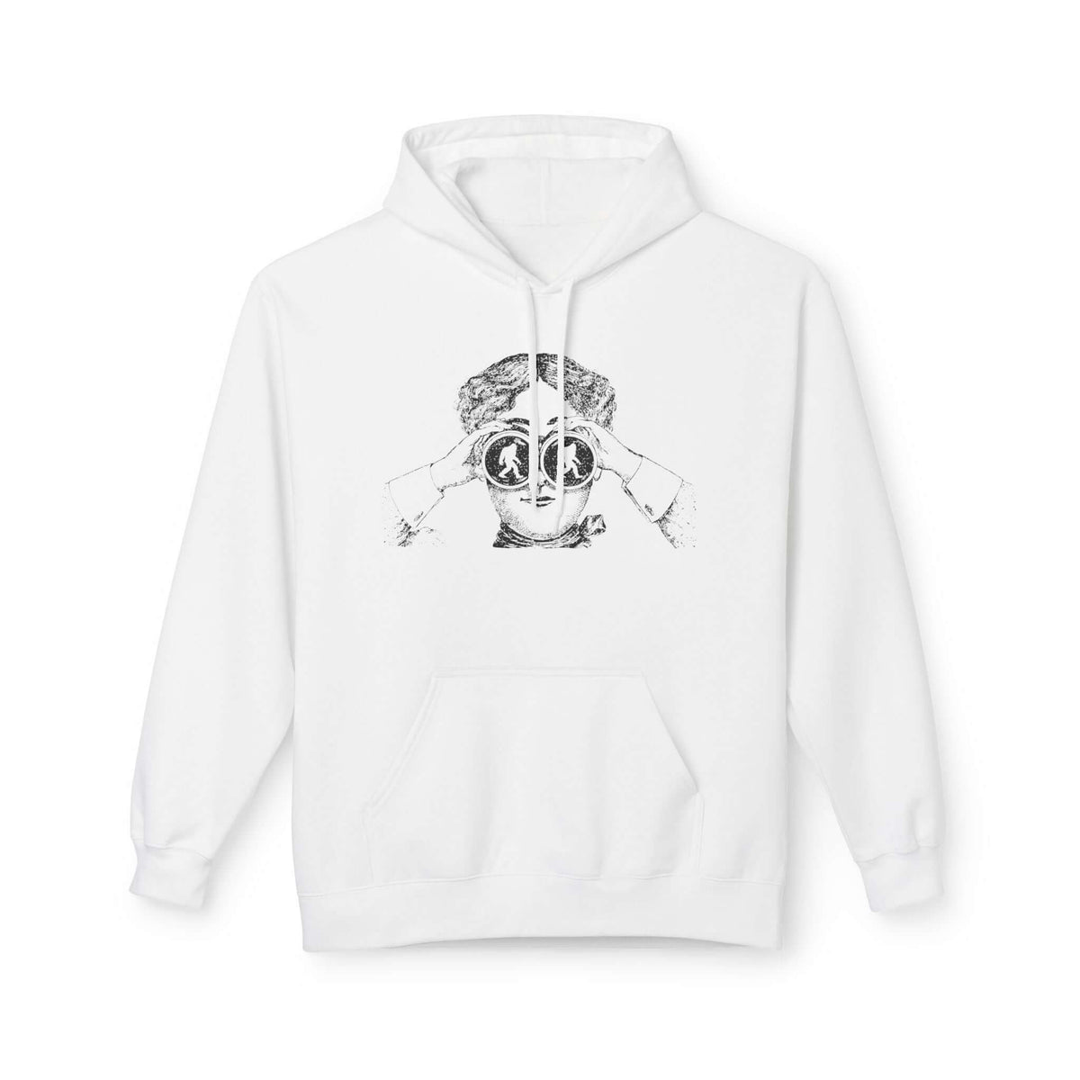 I spy Bigfoot hoodie featuring a vintage explorer illustration with binoculars on a white background.
