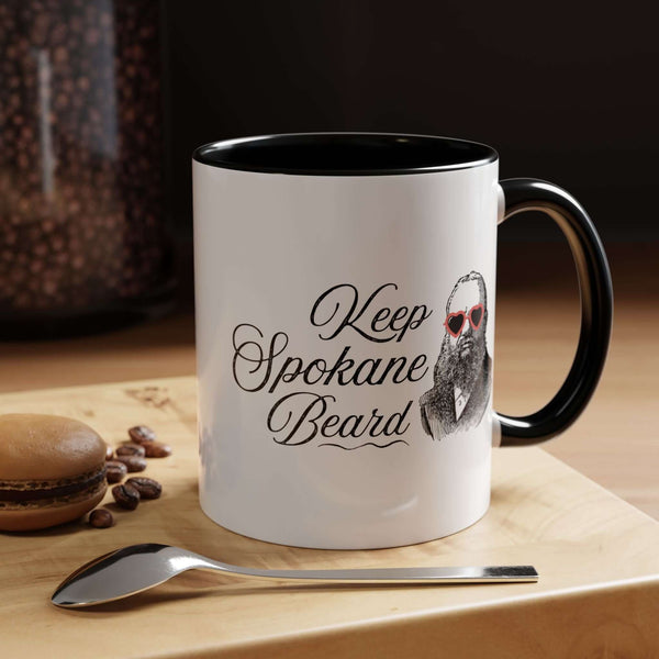 Keep Spokane Beard Ceramic Coffee Mug featuring a vintage bearded man with heart-shaped shades.