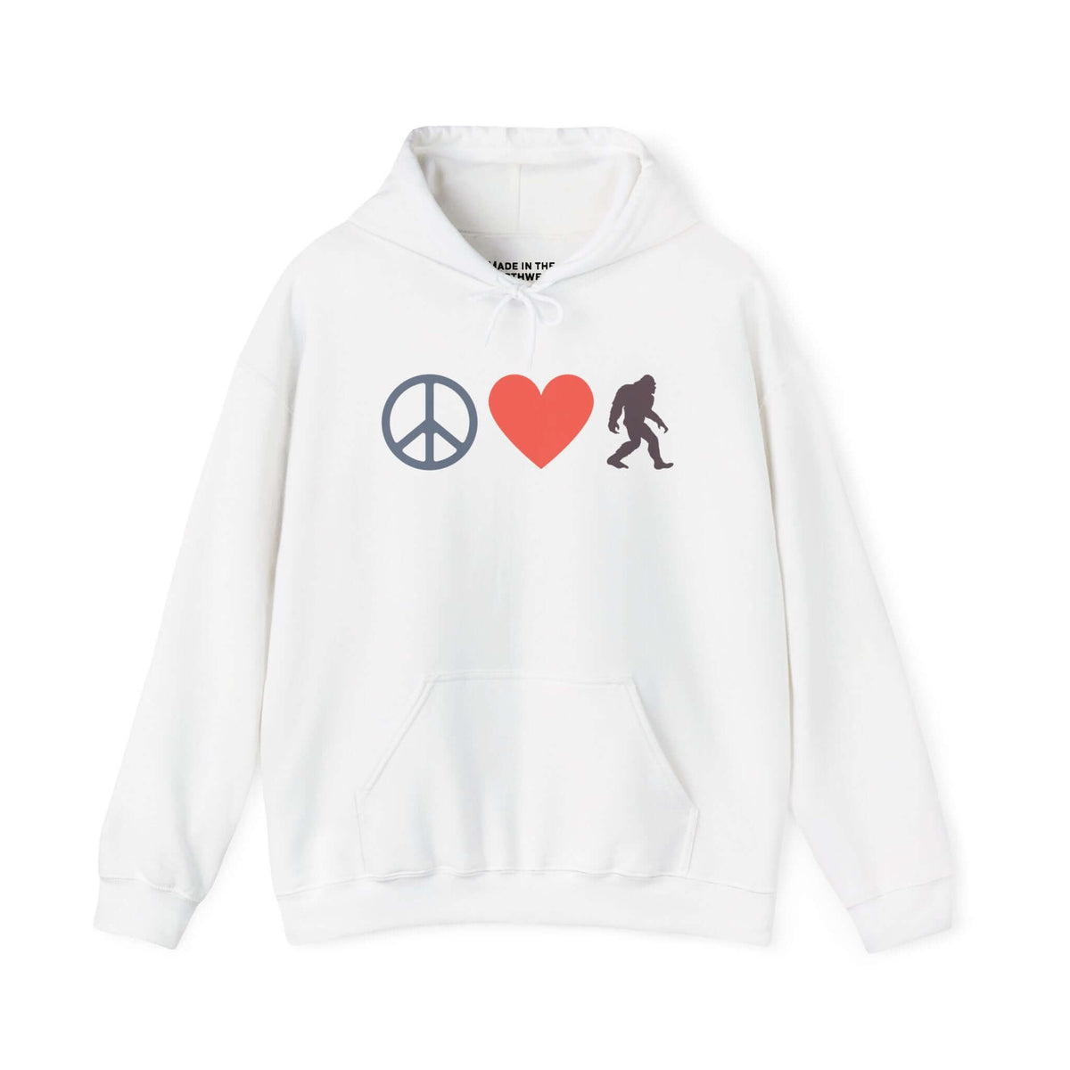 Peace, Love, and Bigfoot Cozy Hoodie features peace sign, heart, and Bigfoot graphic on a cozy white sweatshirt.