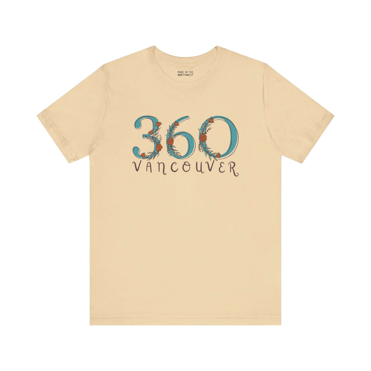 Beige 360 Floral Area Code Soft Tee with Vancouver print, showcasing Pacific Northwest pride and nature-inspired elegance for women.