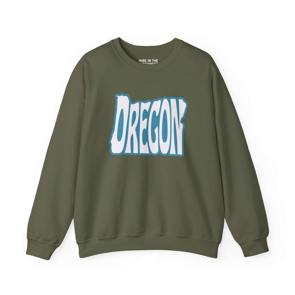 Olive green sweatshirt with "Oregon" typography in state shape design, celebrating the Pacific Northwest and Oregon state pride.