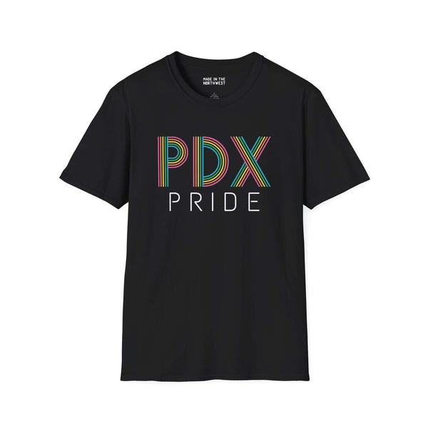 PDX Pride rainbow softstyle t-shirt featuring bold, colorful lettering on a black background.
