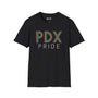 PDX Pride rainbow softstyle t-shirt featuring bold, colorful lettering on a black background.
