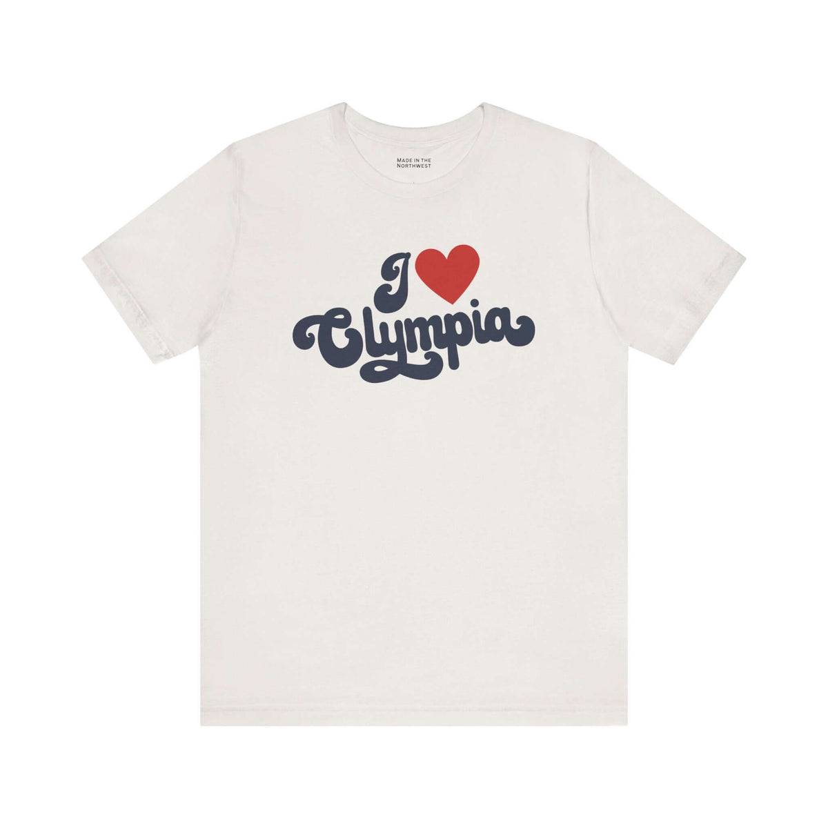 I love Olympia t shirt featuring cursive text design in red and navy on a light background.