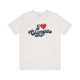 I love Olympia t shirt featuring cursive text design in red and navy on a light background.