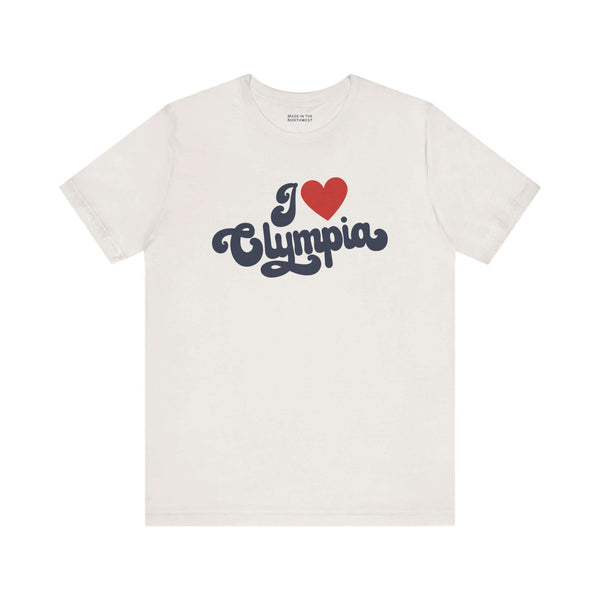 I love Olympia t shirt featuring cursive text design in red and navy on a light background.
