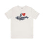 I love Olympia t shirt featuring cursive text design in red and navy on a light background.