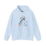 Light blue hoodie featuring George Washington with rainbow glasses and 