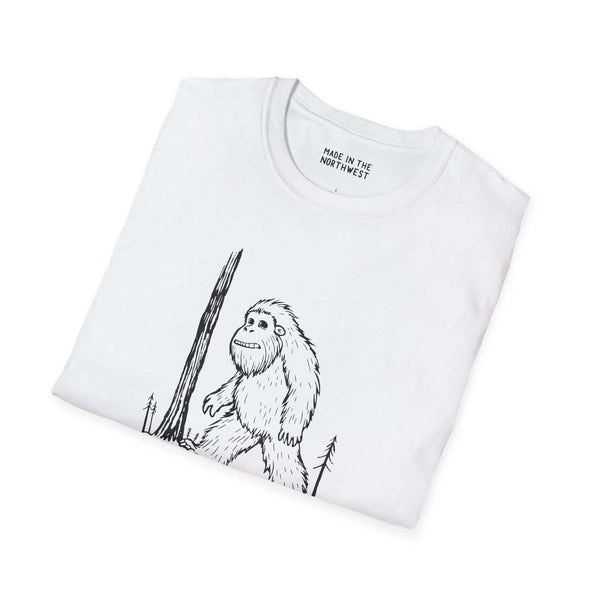 Not All Who Wander Are Lost Bigfoot Softstyle T-Shirt featuring a Sasquatch illustration, perfect for adventurers and Bigfoot enthusiasts.