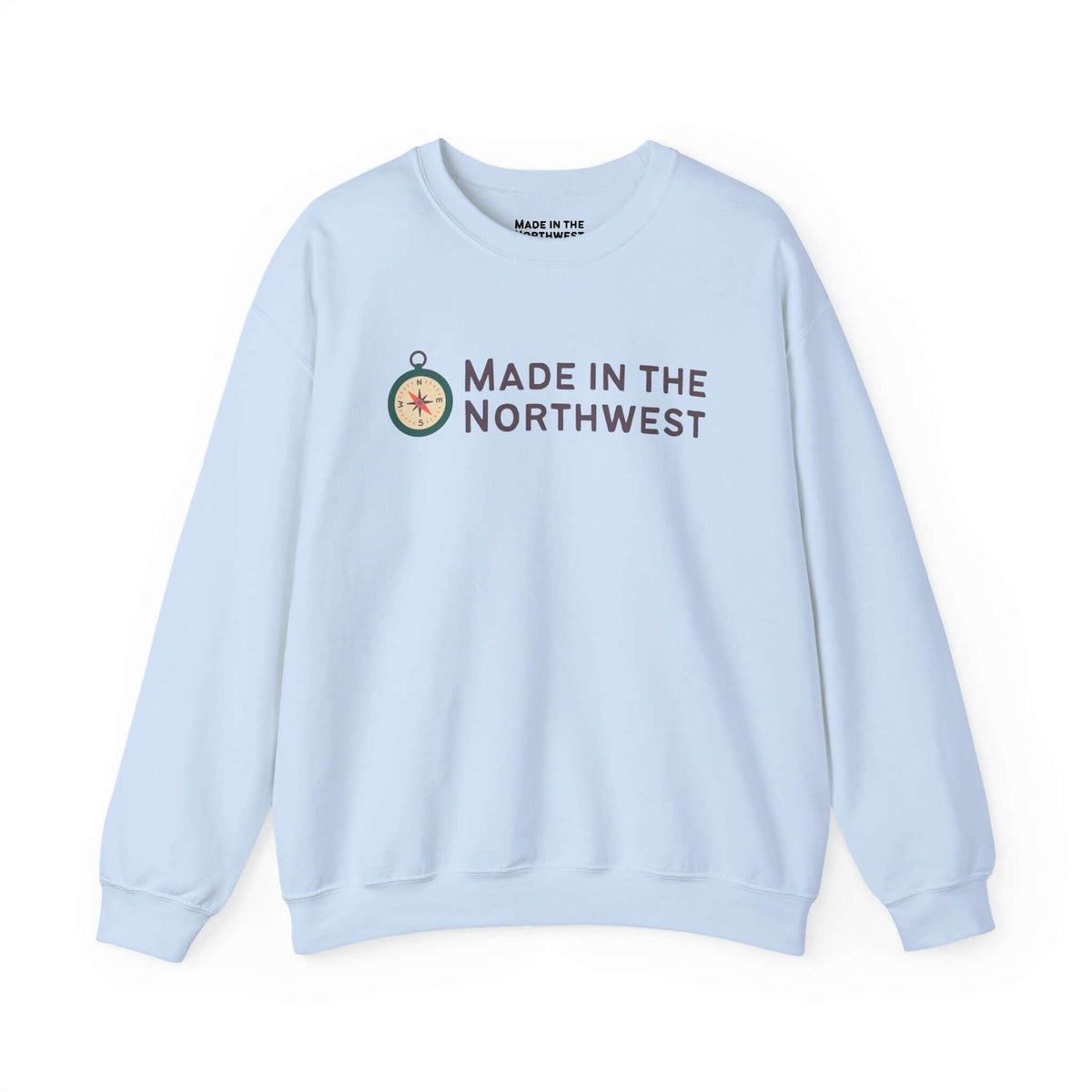 Light blue Made in the Northwest Sweatshirt featuring a compass graphic and logo.
