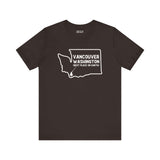 Vancouver Washington tee with state outline and tree icon, celebrating Pacific Northwest pride in black and white design.